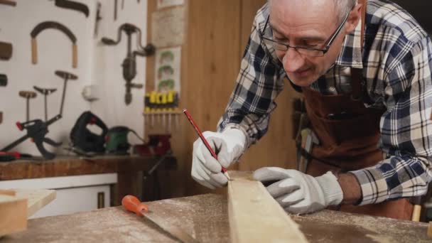 Werktimmerman tekent op een stuk hout. — Stockvideo