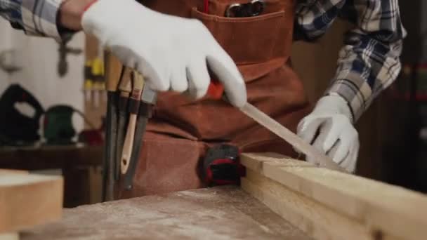 Charpentier classant une planche de bois dans son atelier. — Video