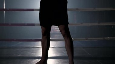 Erkek boksör dövüşmeden önce el sıkışıyor. Dövüş için hazırlanan genç sporcuların yakın çekimi. Adam hazırlanıyor. Spor konsepti.