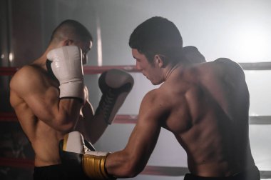 İki profesyonel genç kaslı üstsüz erkek boksör bir boks ringinde dövüşüyor..