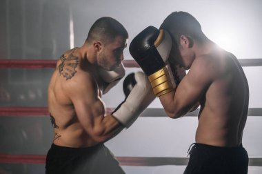 İki profesyonel genç kaslı üstsüz erkek boksör bir boks ringinde dövüşüyor..