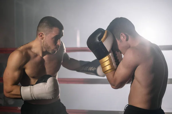 Två professionella unga muskulösa skjortor manliga boxare slåss i en boxningsring. — Stockfoto