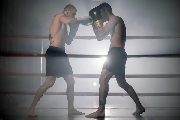 Deux athlètes d'arts martiaux mixtes musclés combattant sur le ring. — Photo