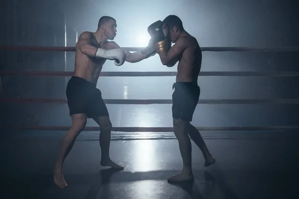 Two shirtless muscular man fighting Kick boxing combat in boxing ring. — Fotografia de Stock