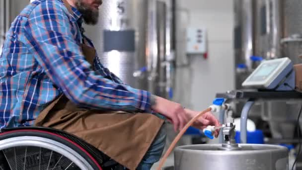 Muž na kolečkovém křesle pracující v pivovarské továrně. — Stock video