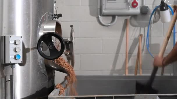 Beer Production. Brewer Pulls Out Spent Malt From A Beer Brewing Tank. — Stock Video