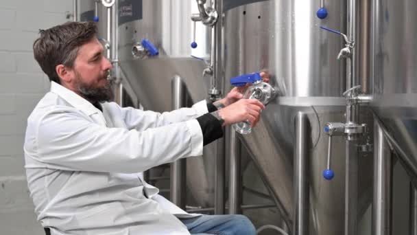 Cervecero con capa blanca que controla el proceso de fermentación de la cerveza mientras trabaja en la fábrica de cerveza moderna. — Vídeo de stock