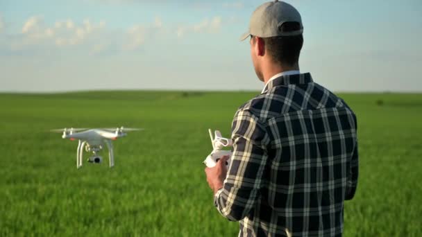 Zblízka člověk farmář v klobouku stojí v poli zelené pšenice a kontroluje dron, který létá nad polem. Nové technologie v zemědělství. Vysoce kvalitní 4K záběry