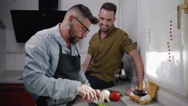 Happy Hipster Gay Couple Love Standing Kitchen Cooking Dinner Together — Video Stock