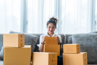 Kanepede oturan güzel Asyalı kadınlar küçük işletmelerle dolu bir sürü paket kutusuyla online alışveriş yapan müşterilere satıyorlar. İnternet üzerinden satış ve alışveriş kavramı