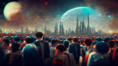 Futuristic city in crowds of people on planet background