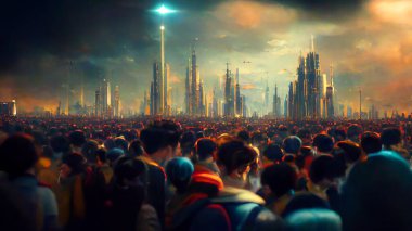 Futuristic city in crowds of people on planet background