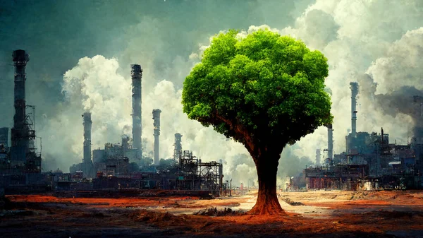 Realistic Background World Factory Last Green Tree Factory Background — Fotografia de Stock