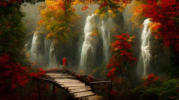 Waterfall Autumn Forest Beautiful Forest Waterfall Autumn Season Realistic Background Stok Gambar
