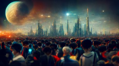 Futuristic city in crowds of people on planet background
