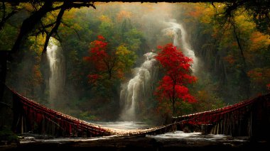 Waterfall in the autumn forest. Beautiful forest waterfall in autumn season. realistic background