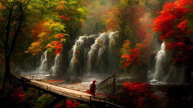Waterfall in the autumn forest. Beautiful forest waterfall in autumn season. realistic background