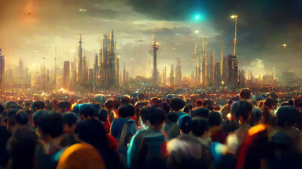 Futuristic city in crowds of people on planet background