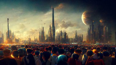 Futuristic city in crowds of people on planet background