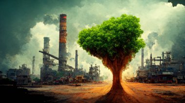 Realistic background, Save the world factory and last green tree on factory background