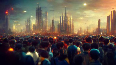 Futuristic city in crowds of people on planet background