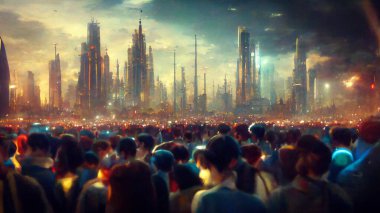 Futuristic city in crowds of people on planet background