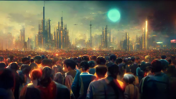 Futuristic city in crowds of people on planet background