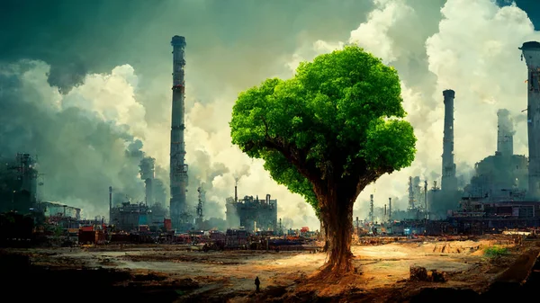 Realistic background, Save the world factory and last green tree on factory background