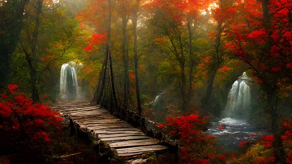 Waterfall in the autumn forest. Beautiful forest waterfall in autumn season. realistic background