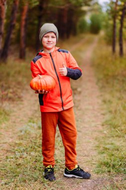 10 yaşındaki bir çocuk güzel bir balkabağı tutuyor ve sınıfını açık havada gösteriyor.