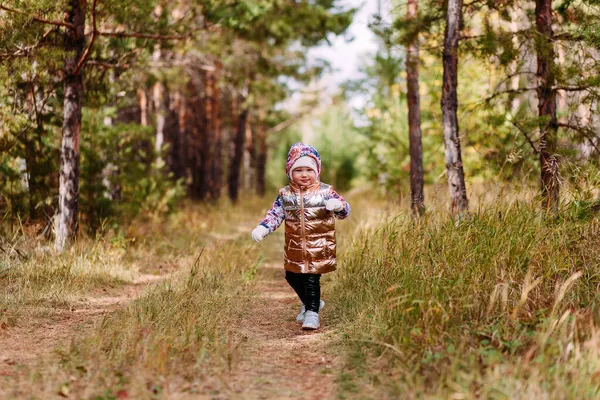 Menina Dois Anos Colete Dourado Caminha Floresta Outono — Fotografia de Stock