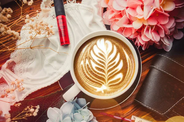 Cup Coffee Lipstick Wood Brown Background Handbag — Stockfoto