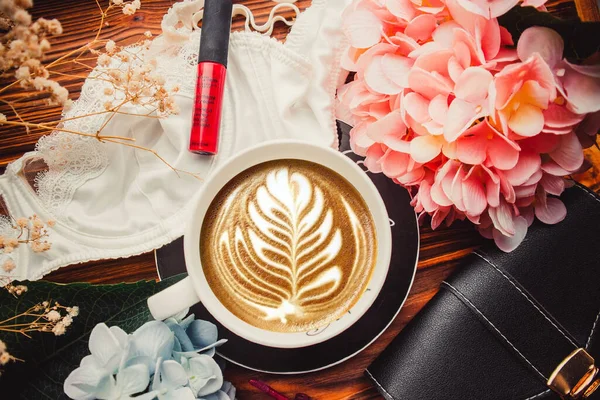 Cup Coffee Lipstick Wood Brown Background Handbag — Zdjęcie stockowe