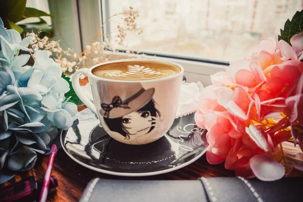 Kopje Koffie Cosmetica Hout Bruine Achtergrond Met Handtas — Stockfoto
