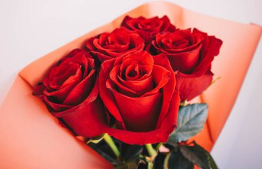 Beautiful bouquet of red roses on a white background with green leaves