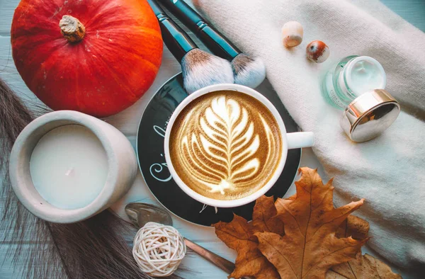 Cup Coffee Candle White Wood Background Pumkins Autumn — Fotografia de Stock