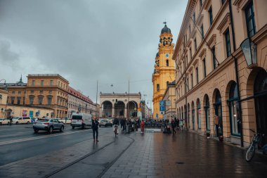 Odeonsplatz in Munich. Beautiful german and european street in rainy spring. Beautiful sights in Germany