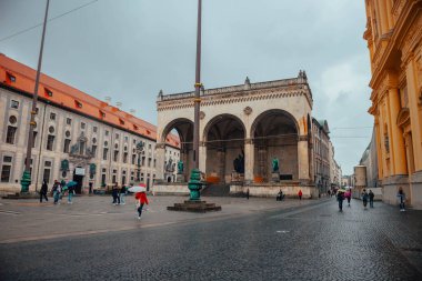 Odeonsplatz in Munich. Beautiful german and european street in rainy spring. Beautiful sights in Germany