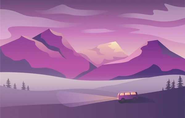 Lila Landschaft Mit Bergen Mondschein Mit Einem Hippie Van — Stockvektor