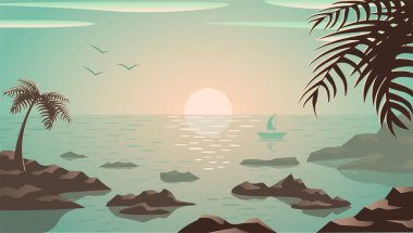 Deniz kenarında turkuaz gün batımı. Kaya, palmiye ağaçları, güneş, kuşlar. Web sitesi, sunum, sosyal medyada blog veya seyahat hakkında video için iyi bir arkaplan.