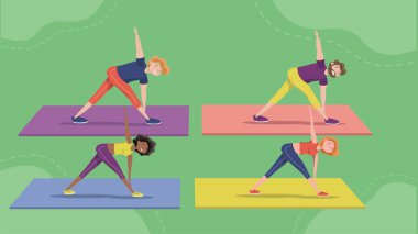 Erkekler ve kadınlar birlikte yoga kursuna gidiyorlar. Trikunasana bacak esnetme için iyi bir asana. Sevimli ve farklı karakterler..