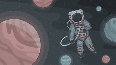 Uzay boşluğunda astronot, gezegenler arasında yalnız, baş parmağını gösteriyor, iyi hissediyor..