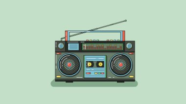 Düz teyp. Müzik, radyo, 90 'lar, 80' ler. Siyah sert dış hatlı çizgi film biçimi.