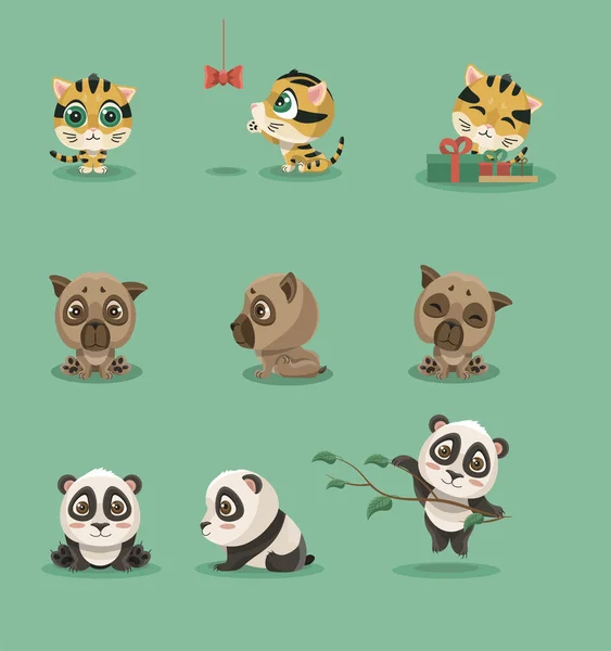 Σύνολο Χαριτωμένα Μικρά Ζώα Panda Pug Και Τίγρης Γατάκι Κουτάβι — Διανυσματικό Αρχείο