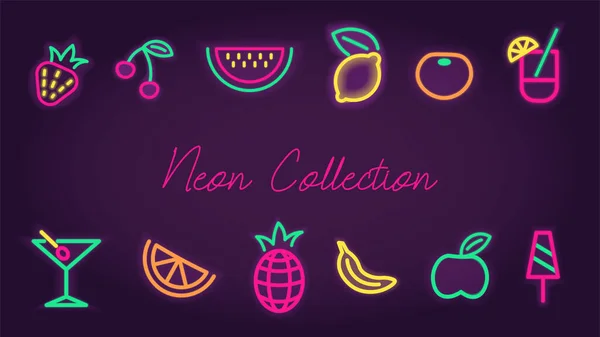 Neon Meyve Içecek Koleksiyonu Sentetik Dalga Neon Parıltısı Gece Kulübü — Stok Vektör