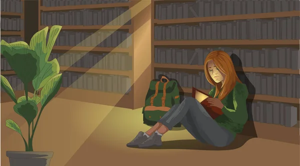 Lesendes Rotes Mädchen Das Mit Einem Rucksack Einer Bibliothek Auf — Stockvektor