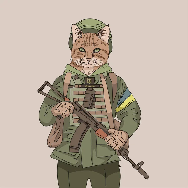 Ukrainische Soldatenkatze Die Körperpanzer Helm Und Waffe Trägt Gartoon Comics — Stockvektor