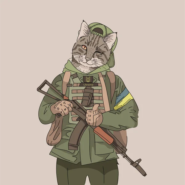 Ukrainische Soldatenkatze Mit Panzer Und Gewehr Cartoon Comicstil Lächelnde Figur — Stockvektor
