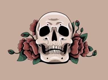 El çizimi siyah beyaz kafatası ve canlı kırmızı haşhaş çiçekleri. Düz, çizgi film, karikatür tarzı, siyah katı hatlı..