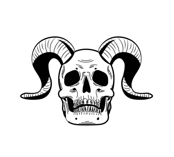 Hand Drawn Black White Skull Goat Horns Flat Cartoon Comics — ストックベクタ